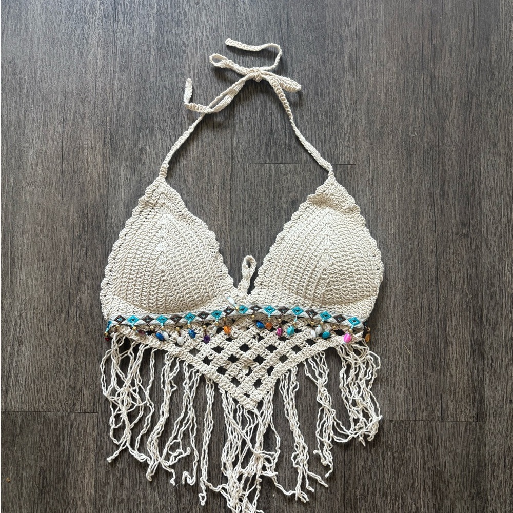 Crochet Fringe Halter Top - Cream